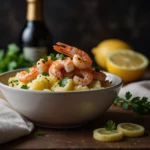 Keto grits with shrimp served in a white bowl.