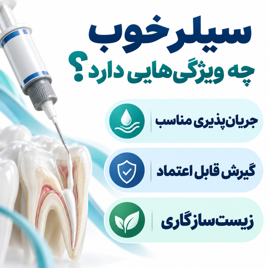 ویژگی‌های سیلر اندو باکیفیت شامل جریان‌پذیری مناسب، زمان گیرش و زیست‌سازگاری