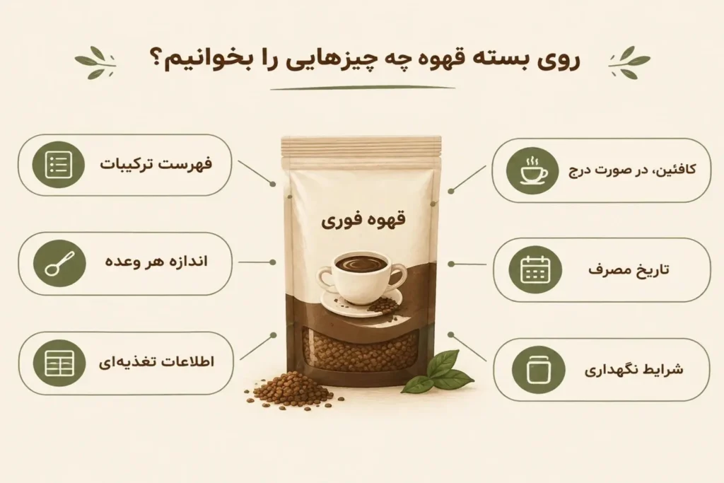 راهنمای بررسی ترکیبات، اندازه وعده، اطلاعات تغذیهای، کافئین و شرایط نگهداری روی بسته قهوه فوری