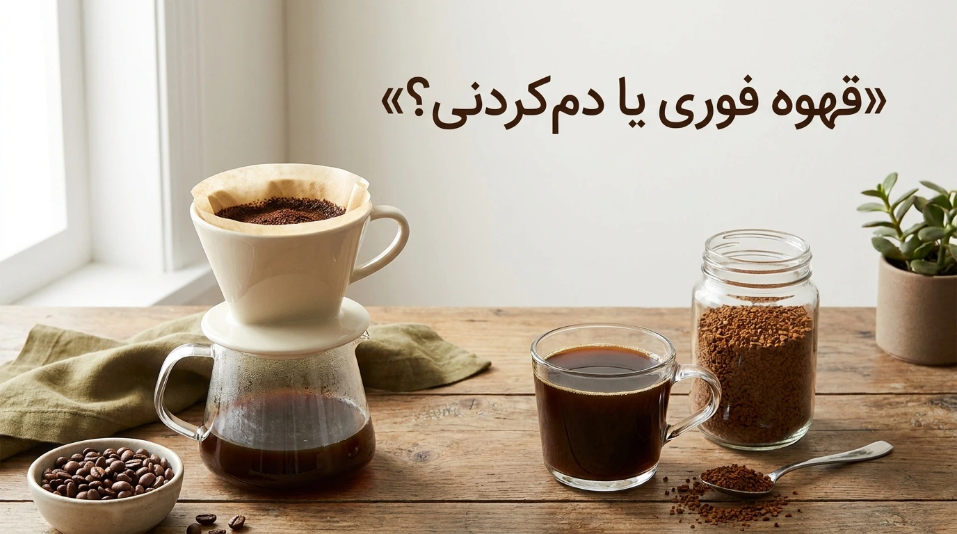 قهوه فوری و ابزار تهیه قهوه فیلتری در کنار یکدیگر برای مقایسه روش آمادهسازی